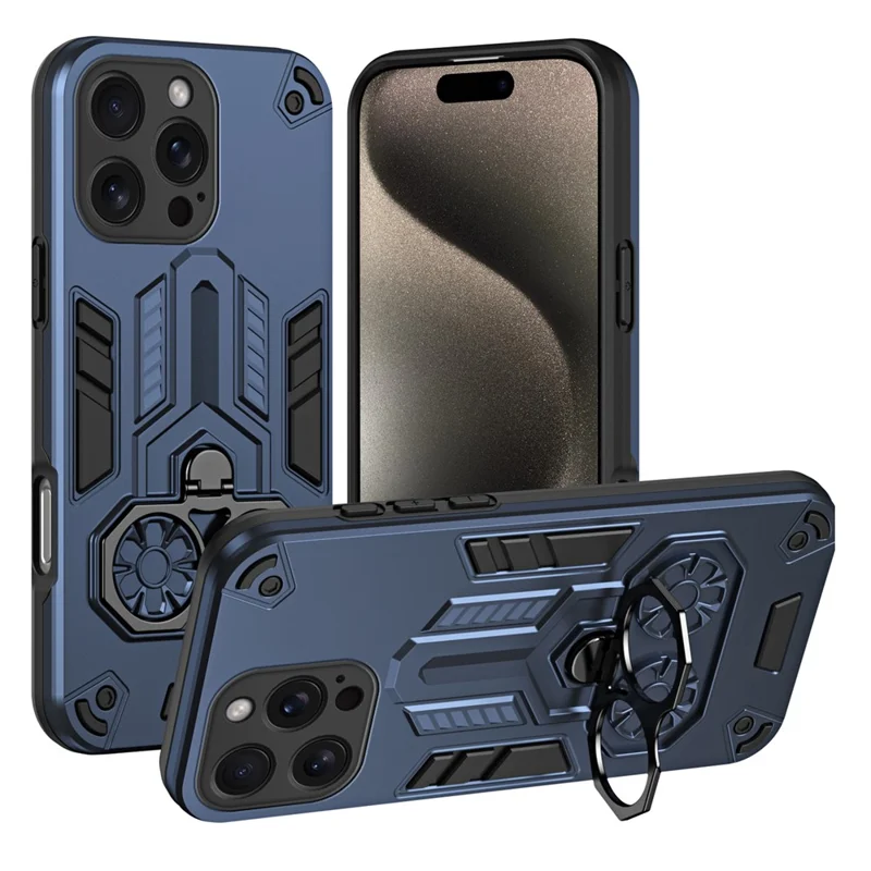 Per iPhone 15 Pro Max Custodia Supporto ad Anello Kickstand PC + TPU Antiurto - Blu Navy
