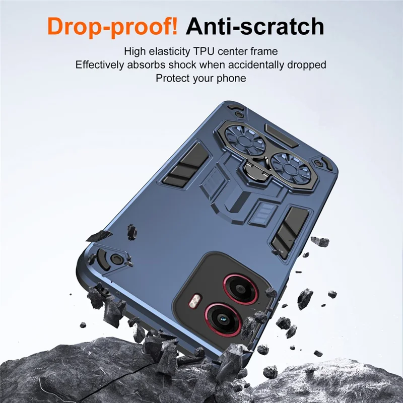 Funda con Soporte de Anillo para Motorola Moto G05 4G - Carcasa Antigolpes de PC + TPU con Función Atril - Azul Marino