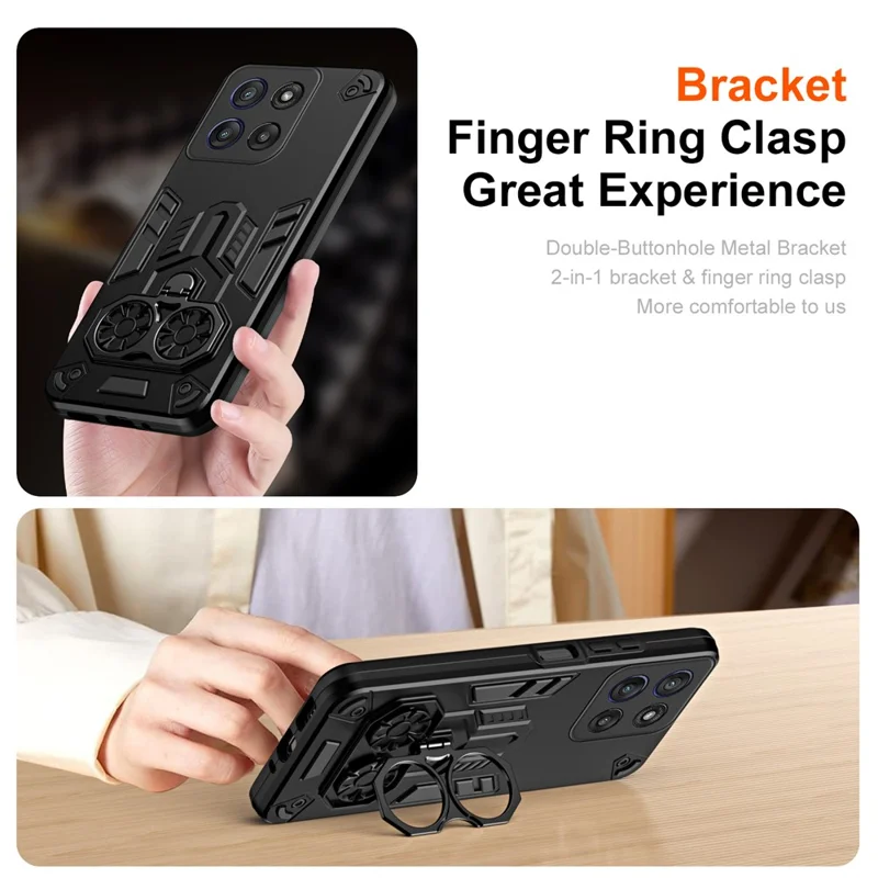 For Motorola Edge 60 Stylus 5G Case Ring Holder Kickstand PC + TPU Shockproof Phone Cover - Black