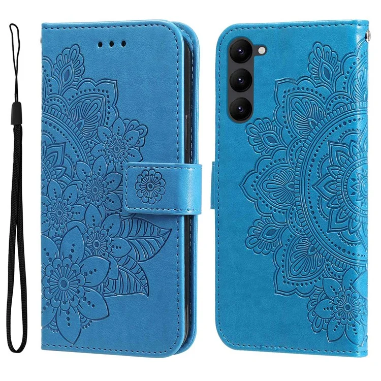 For Samsung Galaxy S23+ Case Floral Pattern PU Leather Wallet Stand Phone Cover - Blue