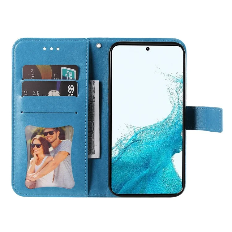 For Samsung Galaxy S23+ Case Floral Pattern PU Leather Wallet Stand Phone Cover - Blue