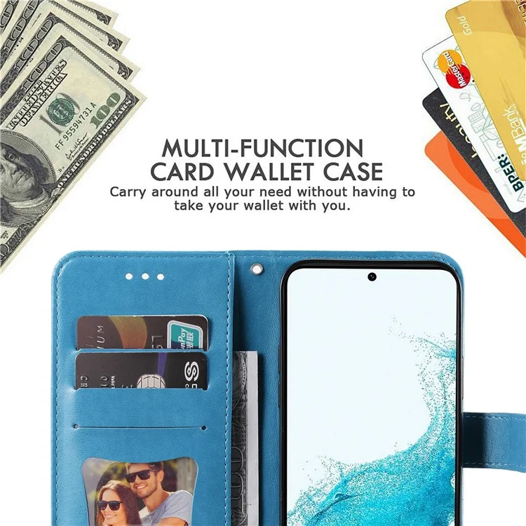 For Samsung Galaxy S23+ Case Floral Pattern PU Leather Wallet Stand Phone Cover - Blue