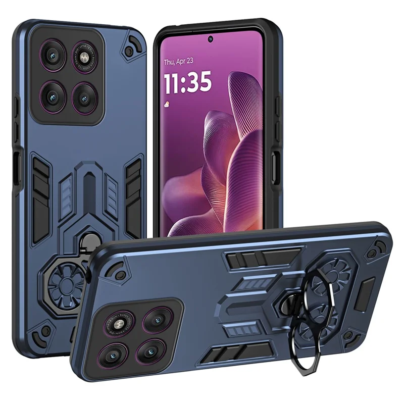 For Motorola Edge 60 Pro 5G Case Ring Holder Kickstand PC + TPU Shockproof Phone Cover - Navy Blue