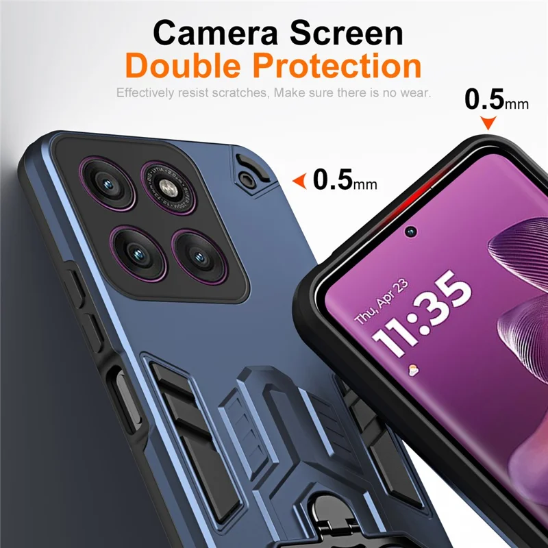 For Motorola Edge 60 Pro 5G Case Ring Holder Kickstand PC + TPU Shockproof Phone Cover - Navy Blue