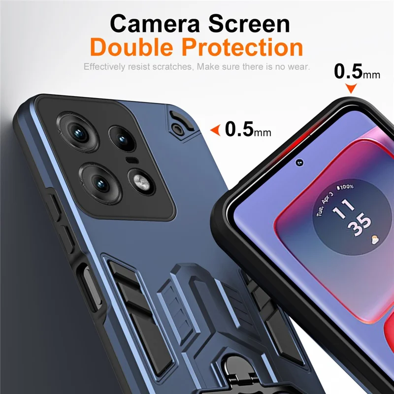 For Motorola Edge 50 Pro 5G Case Ring Holder Kickstand PC + TPU Shockproof Phone Cover - Navy Blue