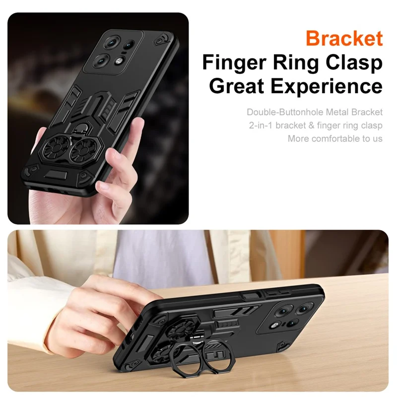 For Motorola Edge 50 Pro 5G Case Ring Holder Kickstand PC + TPU Shockproof Phone Cover - Black