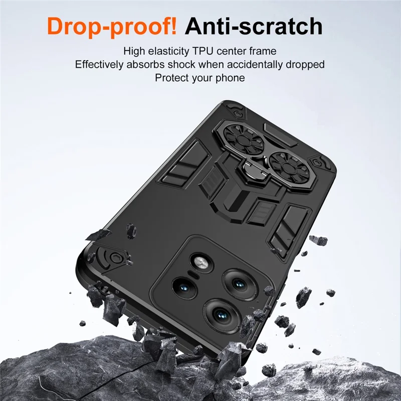 For Motorola Edge 50 Pro 5G Case Ring Holder Kickstand PC + TPU Shockproof Phone Cover - Black