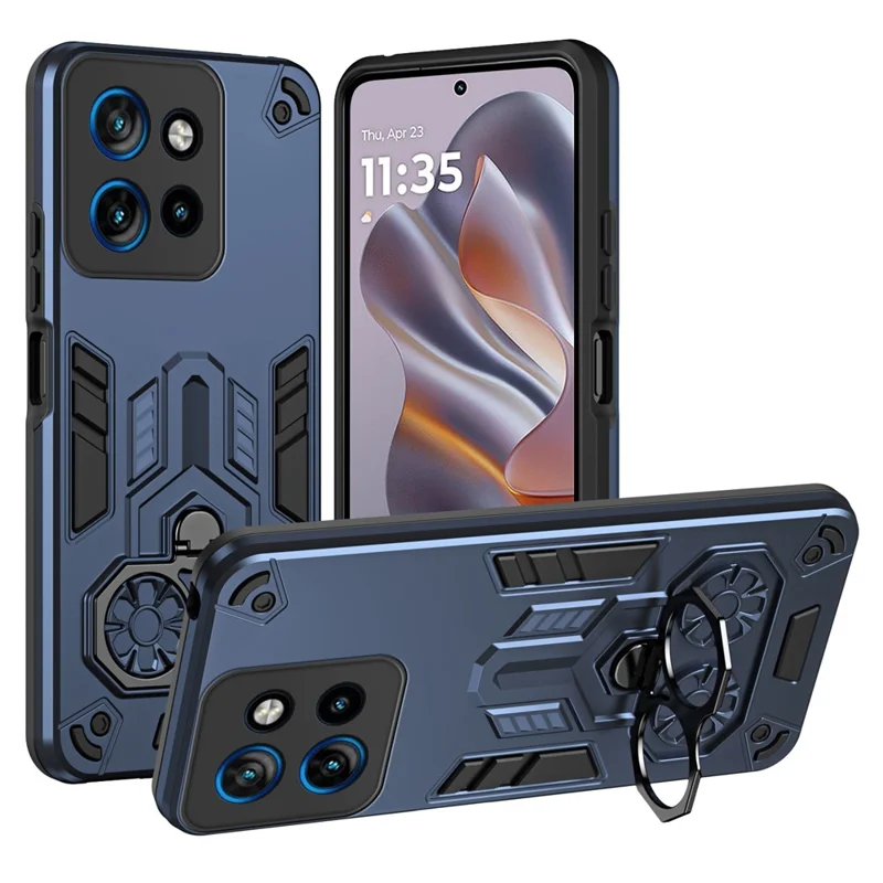 For Motorola Edge 50 Neo 5G Case Ring Holder Kickstand PC + TPU Shockproof Phone Cover - Navy Blue
