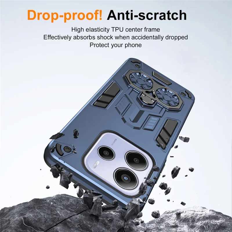 For Xiaomi Redmi Note 14 5G Case Ring Holder Kickstand PC + TPU Shockproof Phone Cover - Navy Blue