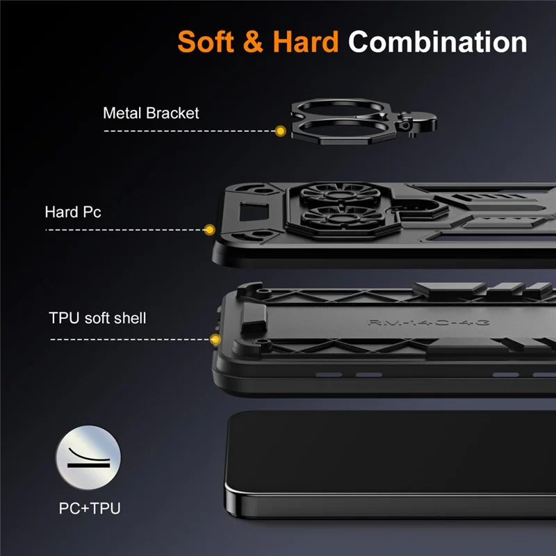 Phone Case for Xiaomi Poco X7 5G / Redmi Note 14 Pro 5G / 4G Ring Holder Kickstand PC + TPU Shockproof Cover - Black