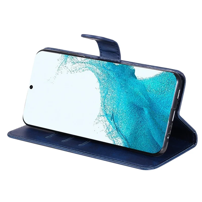 لسامسونج جالاكسي S23 غطاء واقي من جلد البولي يوريثان مع جيب بسحّاب ومحفظة بملمس جلد العجل ودعم عمودي - أزرق