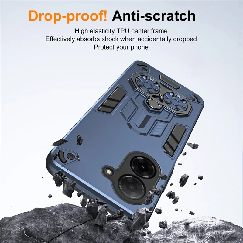 Étui pour Xiaomi Poco C71 4G / Redmi A5 4G (171,7 x 77,8 x 8,3 mm) Porte-anneau Support de support PC + Coque de téléphone antichoc TPU - Bleu marine