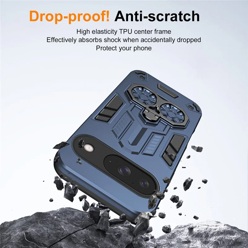 For Google Pixel 10 Pro  /  10 Case Ring Holder Kickstand PC + TPU Shockproof Phone Cover - Navy Blue