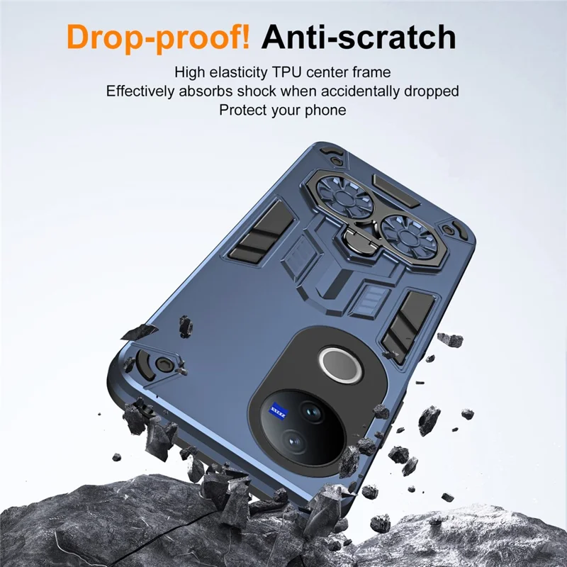 Étui pour vivo V50e 5G / V50 5G avec support de bague et béquille, coque de téléphone antichoc en PC + TPU - Bleu marine