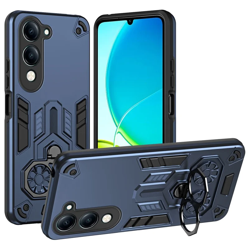 Étui de téléphone pour vivo Y29s 5G / Y04 4G / Y19e 4G avec support de bague et béquille, coque antichoc en PC + TPU - Bleu marine