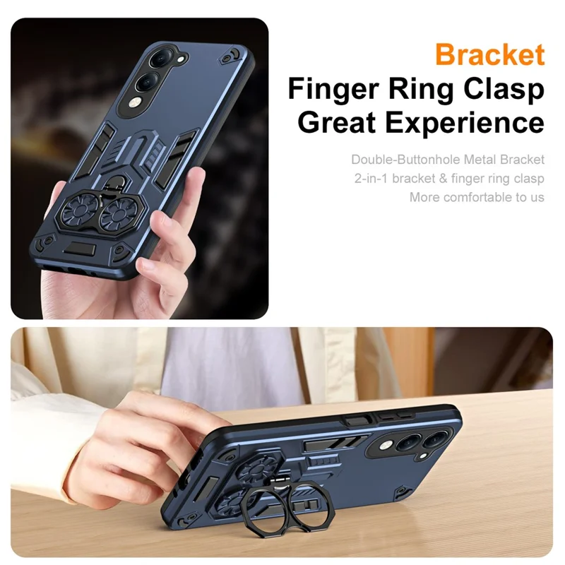 Étui de téléphone pour vivo Y29s 5G / Y04 4G / Y19e 4G avec support de bague et béquille, coque antichoc en PC + TPU - Bleu marine
