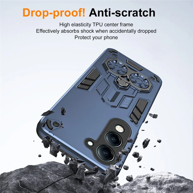 Étui de téléphone pour vivo Y29s 5G / Y04 4G / Y19e 4G avec support de bague et béquille, coque antichoc en PC + TPU - Bleu marine