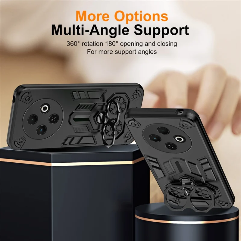 For TECNO Spark 30C 4G KL5N Case Ring Holder Kickstand PC + TPU Shockproof Phone Cover - Black