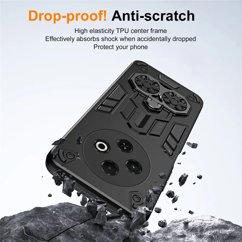 For TECNO Spark 30C 4G KL5N Case Ring Holder Kickstand PC + TPU Shockproof Phone Cover - Black