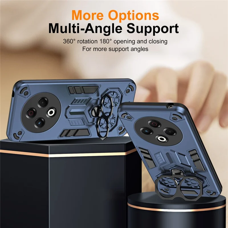 For TECNO Spark 30 4G Case Ring Holder Kickstand PC + TPU Shockproof Phone Cover - Navy Blue