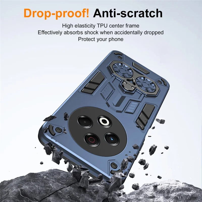 For TECNO Spark 30 4G Case Ring Holder Kickstand PC + TPU Shockproof Phone Cover - Navy Blue