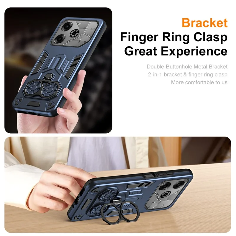 For TECNO Pova 6 Pro 5G  /  Pova 6 4G Case Ring Holder Kickstand PC + TPU Shockproof Phone Cover - Navy Blue