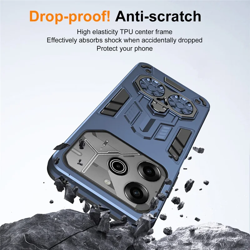 For TECNO Pova 6 Pro 5G  /  Pova 6 4G Case Ring Holder Kickstand PC + TPU Shockproof Phone Cover - Navy Blue