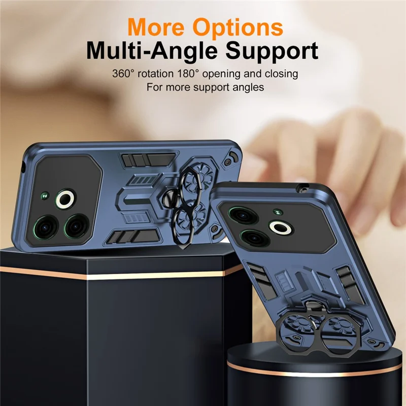 TECNO Pova 6 Neo Hülle mit Ringhalterung und Ständer, PC + TPU stoßfest, Marineblau