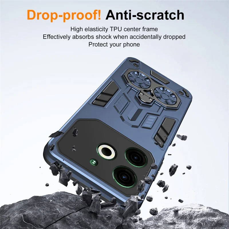 TECNO Pova 6 Neo Hülle mit Ringhalterung und Ständer, PC + TPU stoßfest, Marineblau