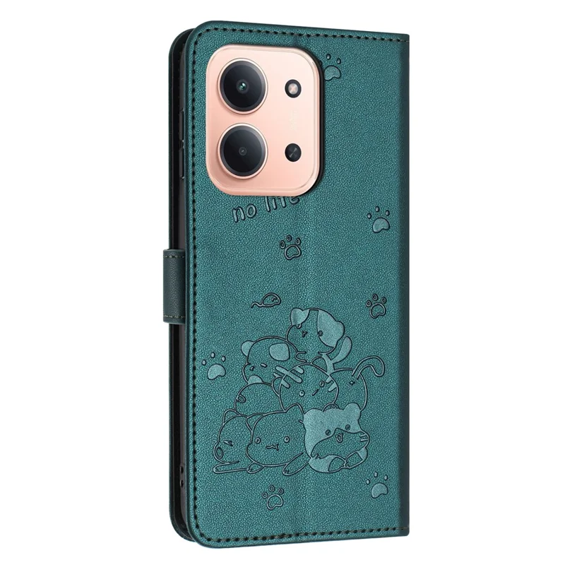 لـ Xiaomi Redmi 15C 4G (الاتحاد الأوروبي) (173 مم) / 15C 5G (الاتحاد الأوروبي) (173 مم) / Poco C85 4G (173 مم) غطاء محفظة جلد مطبوع عليه قطط مع حزام - أخضر داكن