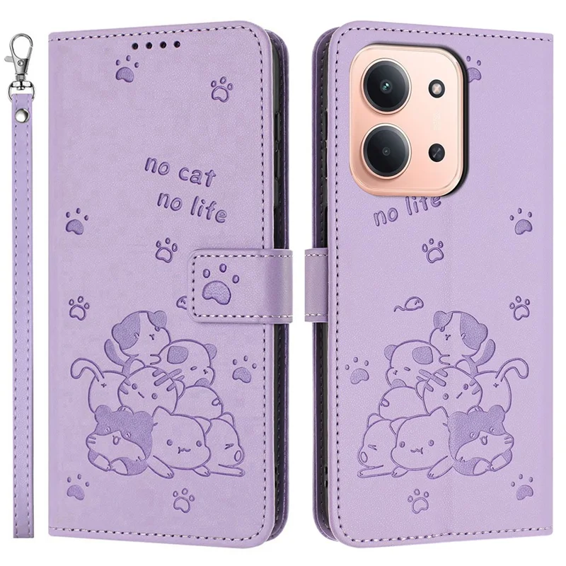 For Xiaomi Redmi 15C 4G (Global) (171mm) / Poco C85 4G (171mm) Wallet Case Cats Imprint Leather Phone Cover with Strap - Purple