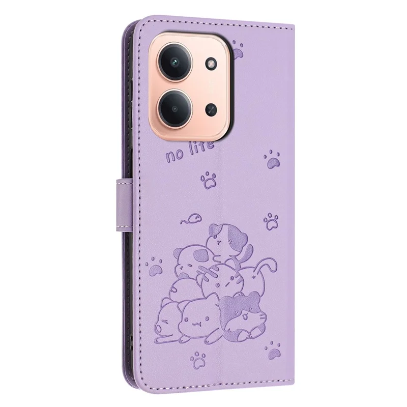 For Xiaomi Redmi 15C 4G (Global) (171mm) / Poco C85 4G (171mm) Wallet Case Cats Imprint Leather Phone Cover with Strap - Purple
