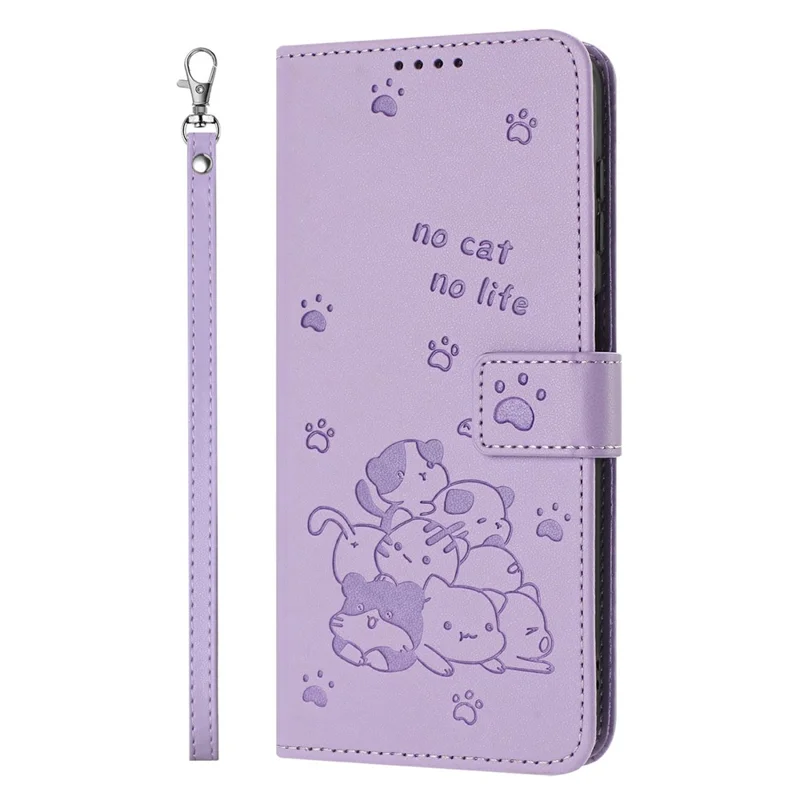 For Xiaomi Redmi 15C 4G (Global) (171mm) / Poco C85 4G (171mm) Wallet Case Cats Imprint Leather Phone Cover with Strap - Purple