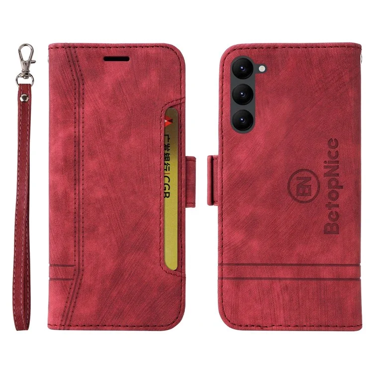 BETOPNICE 001 For Samsung Galaxy S23 PU Leather Phone Case Wallet Stand Imprinted Stitching Line Full Protection Cell Phone Cover - Red