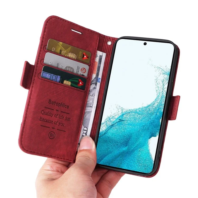 BETOPNICE 001 For Samsung Galaxy S23 PU Leather Phone Case Wallet Stand Imprinted Stitching Line Full Protection Cell Phone Cover - Red