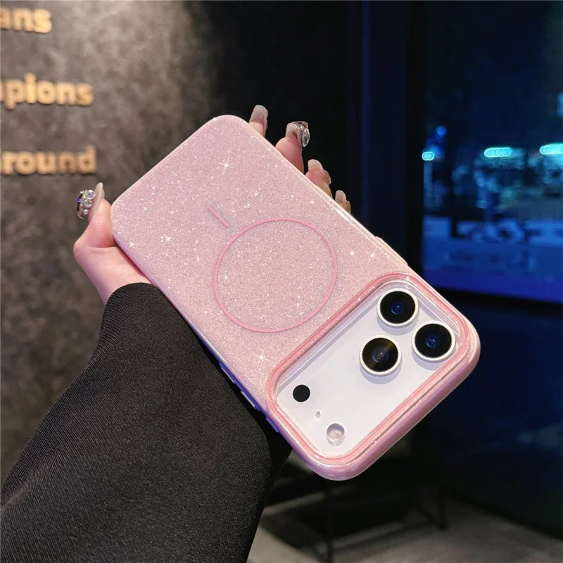 For iPhone 17 Pro Case Compatible with MagSafe Glitter Design IMD TPU + PC Phone Back Cover - Pink