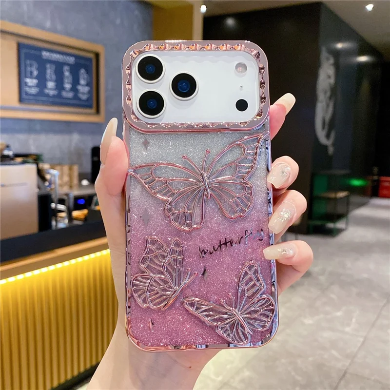 For iPhone 18 Pro / 17  Pro Case 3D Butterfly TPU Phone Cover with Gradient Glitter Paper - Pink