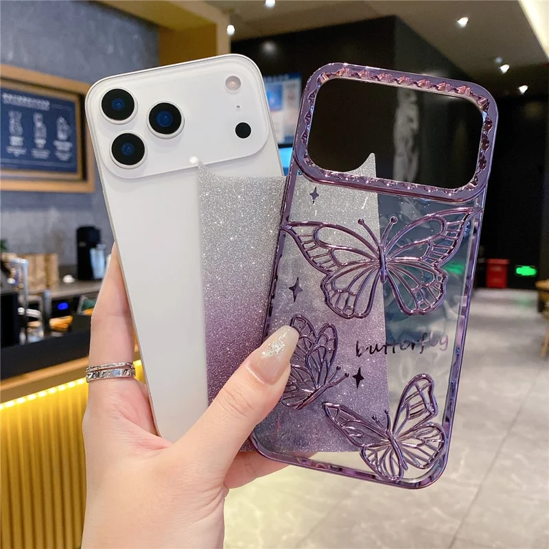 For iPhone 18 Pro / 17  Pro Case 3D Butterfly TPU Phone Cover with Gradient Glitter Paper - Pink