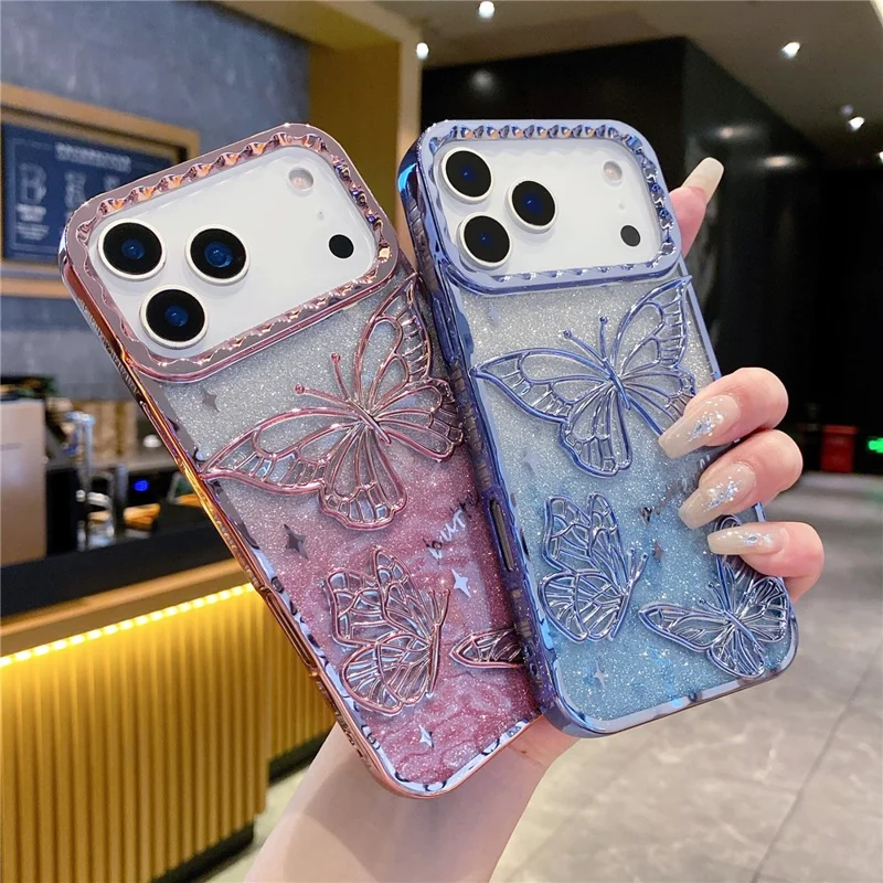 For iPhone 17 Pro Max Case 3D Butterfly TPU Phone Cover with Gradient Glitter Paper - Purple