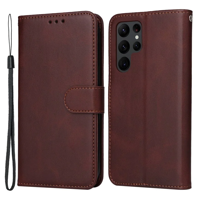 For Samsung Galaxy S23 Ultra Phone Cover Classic Calf Texture PU Leather Magnetic Clasp Wallet Stand Case with Wrist Strap - Brown