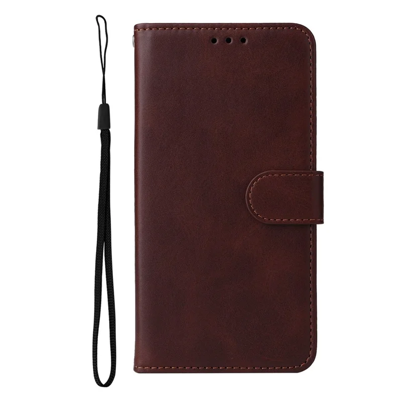 For Samsung Galaxy S23 Ultra Phone Cover Classic Calf Texture PU Leather Magnetic Clasp Wallet Stand Case with Wrist Strap - Brown