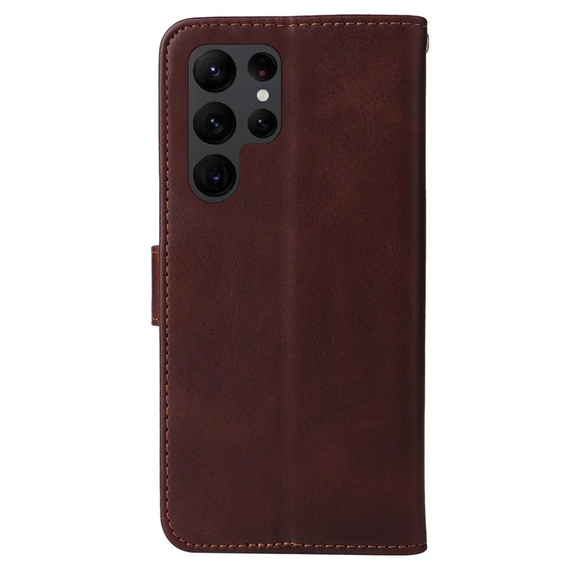 For Samsung Galaxy S23 Ultra Phone Cover Classic Calf Texture PU Leather Magnetic Clasp Wallet Stand Case with Wrist Strap - Brown
