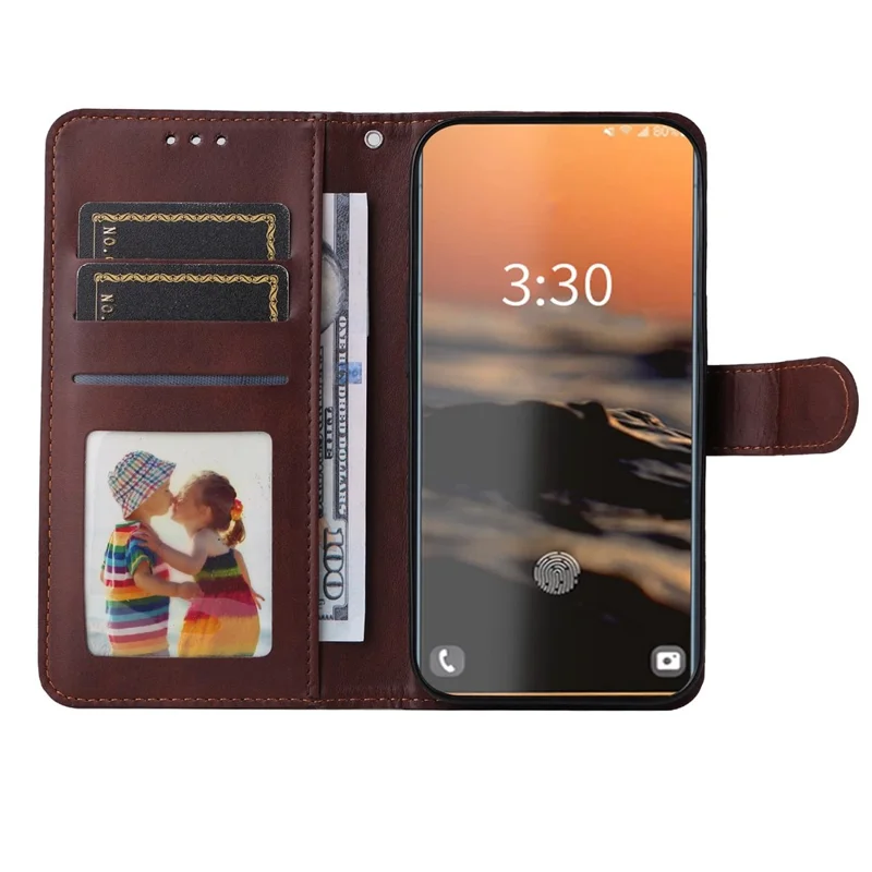 For Samsung Galaxy S23 Ultra Phone Cover Classic Calf Texture PU Leather Magnetic Clasp Wallet Stand Case with Wrist Strap - Brown