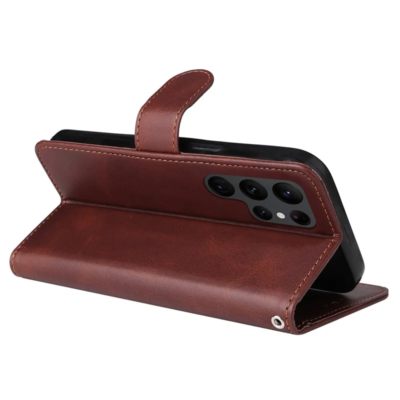 For Samsung Galaxy S23 Ultra Phone Cover Classic Calf Texture PU Leather Magnetic Clasp Wallet Stand Case with Wrist Strap - Brown