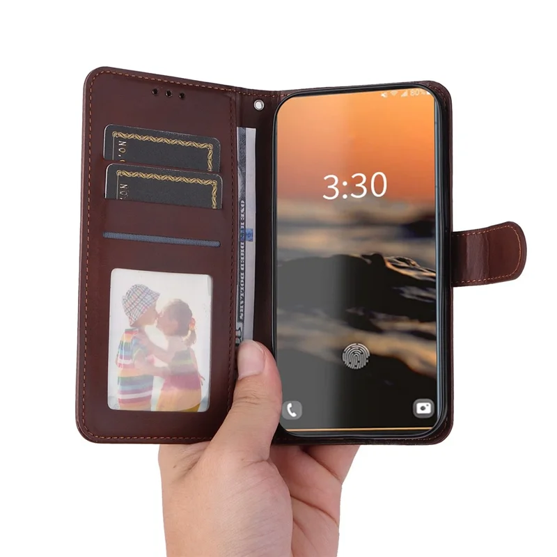 For Samsung Galaxy S23 Ultra Phone Cover Classic Calf Texture PU Leather Magnetic Clasp Wallet Stand Case with Wrist Strap - Brown