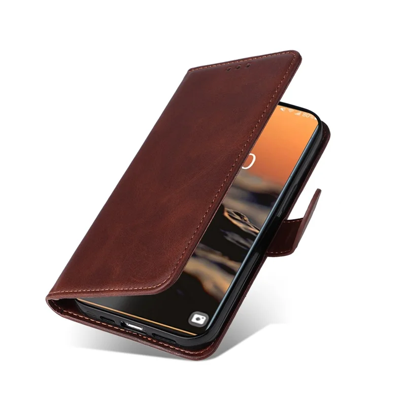 For Samsung Galaxy S23 Ultra Phone Cover Classic Calf Texture PU Leather Magnetic Clasp Wallet Stand Case with Wrist Strap - Brown