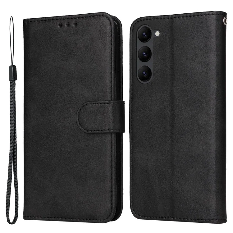 Cell Phone Case for Samsung Galaxy S23, Magnetic Clasp Classic Calf Texture PU Leather Wallet Stand Cover with Wrist Strap - Black