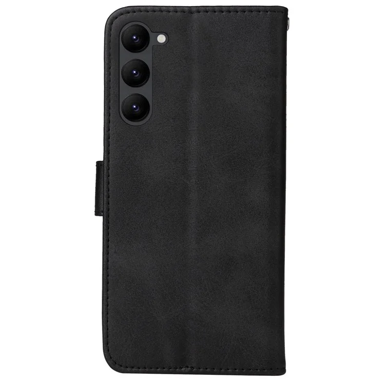Cell Phone Case for Samsung Galaxy S23, Magnetic Clasp Classic Calf Texture PU Leather Wallet Stand Cover with Wrist Strap - Black