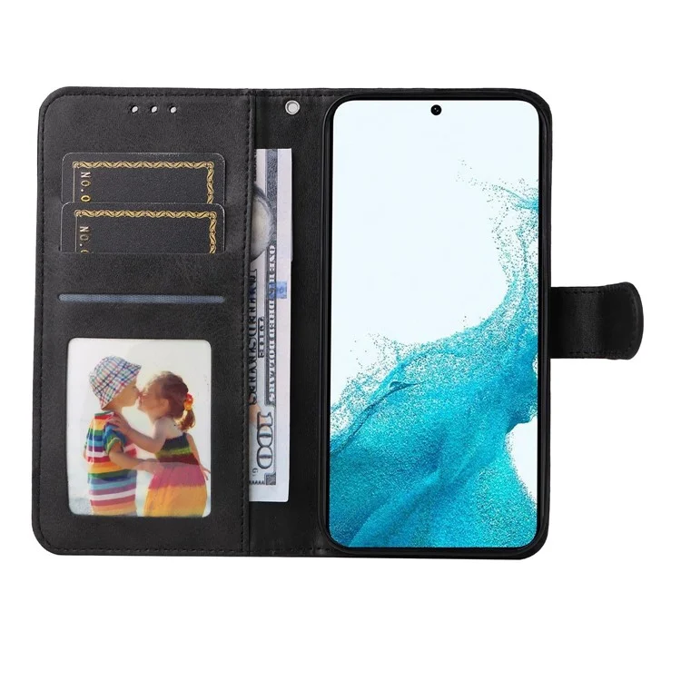 Cell Phone Case for Samsung Galaxy S23, Magnetic Clasp Classic Calf Texture PU Leather Wallet Stand Cover with Wrist Strap - Black