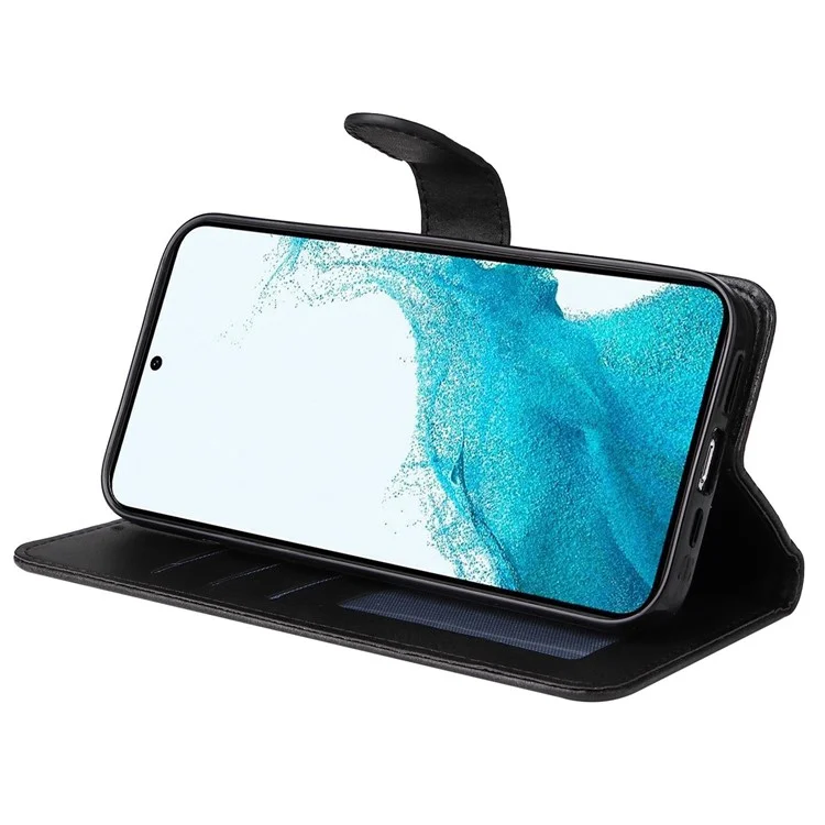 Cell Phone Case for Samsung Galaxy S23, Magnetic Clasp Classic Calf Texture PU Leather Wallet Stand Cover with Wrist Strap - Black